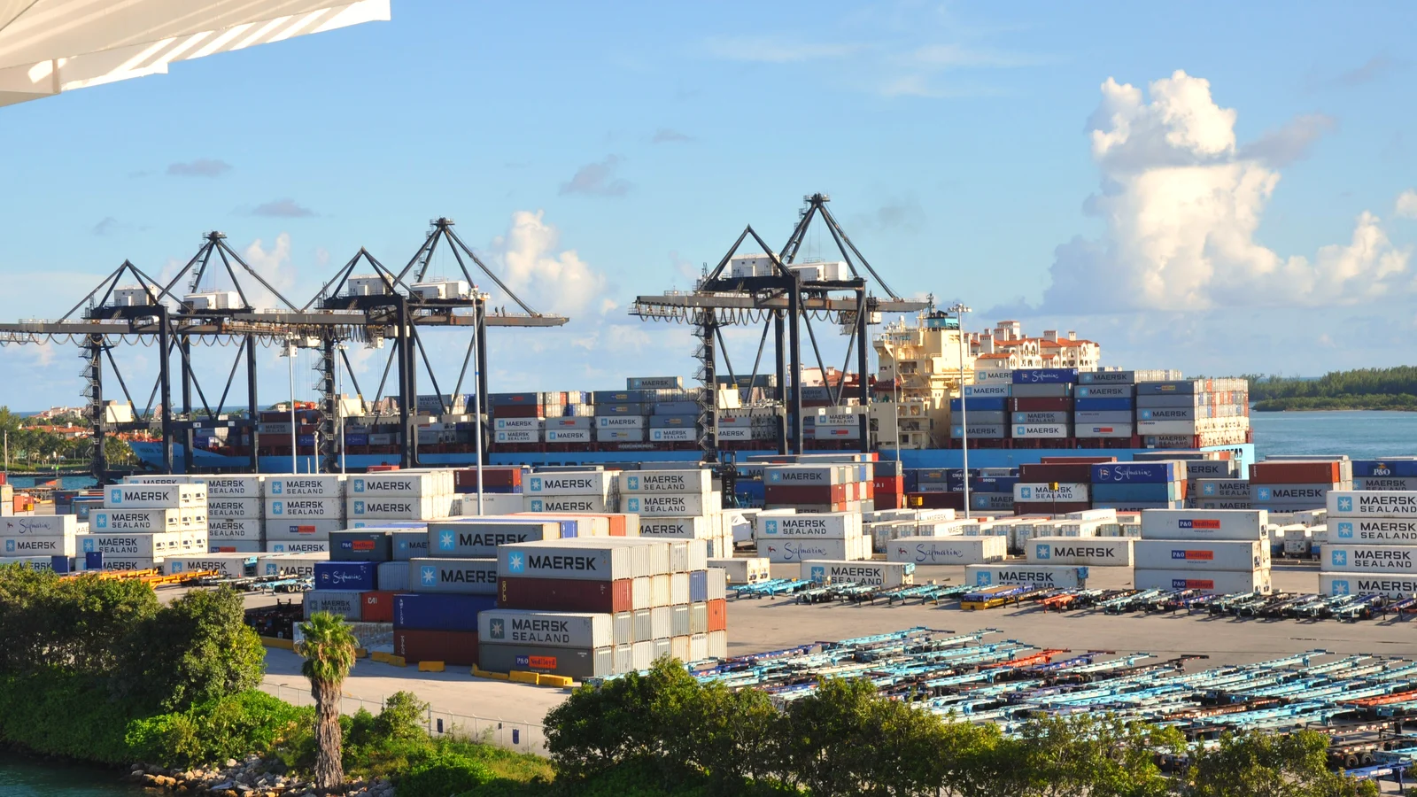 Container yard and gantry cranes at the Port of Miami under a bright blue sky