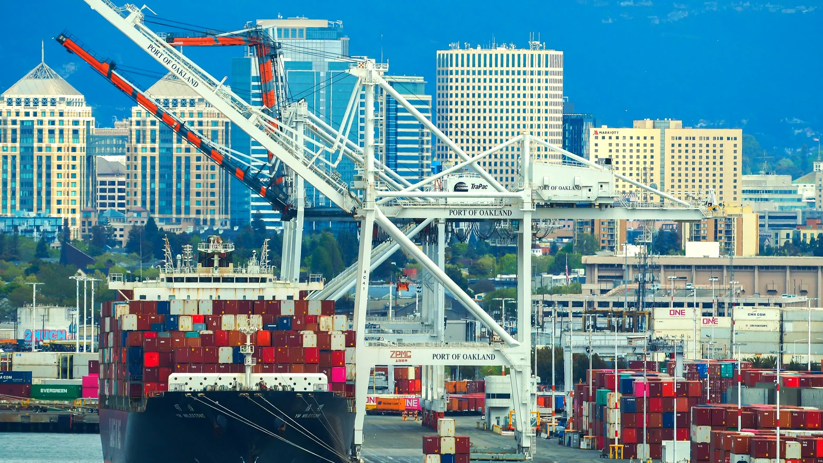 Container ship berthed under ship-to-shore cranes at the Port of Oakland
