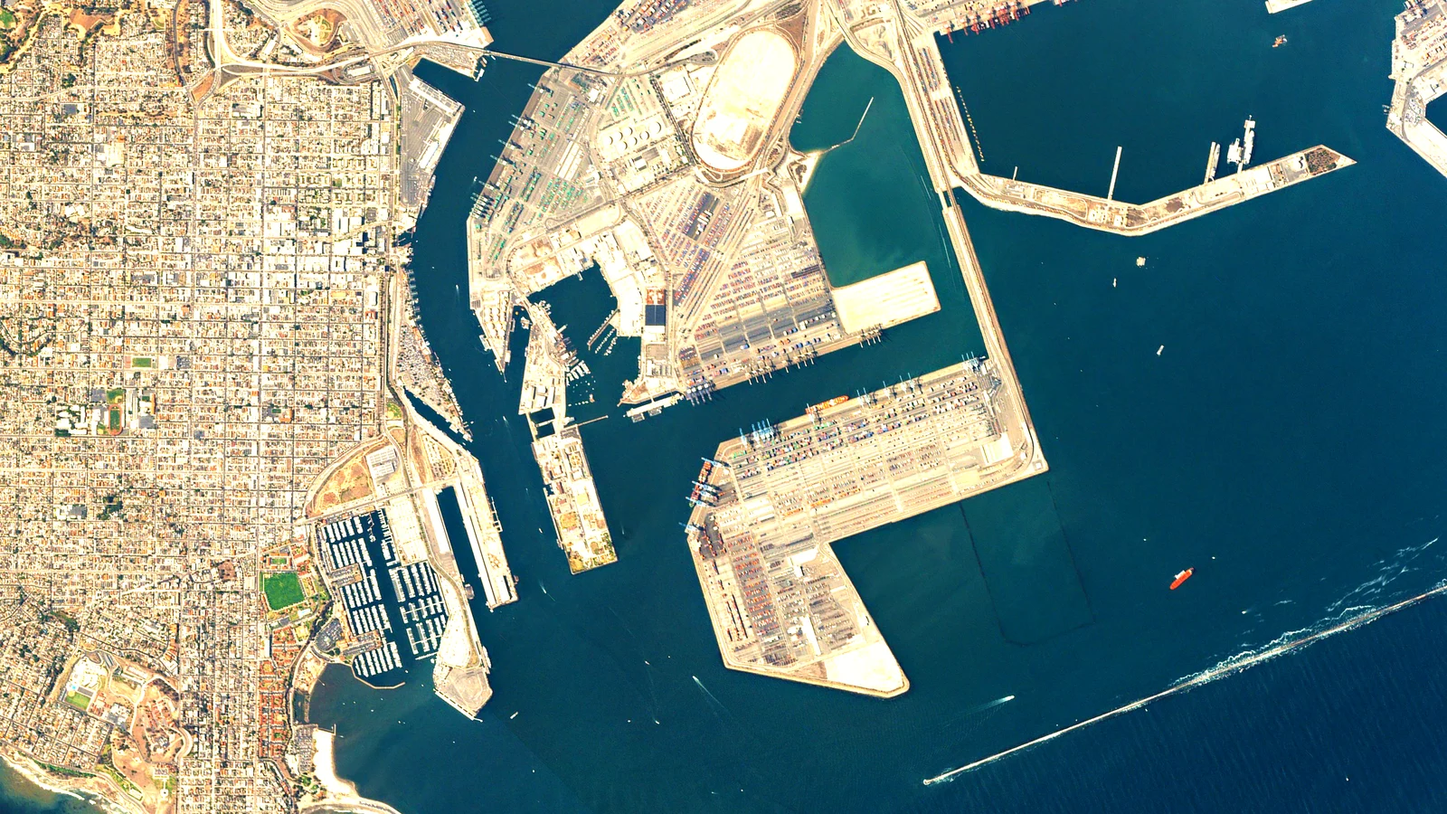 Satellite view of the Port of Long Beach container terminals and city grid
