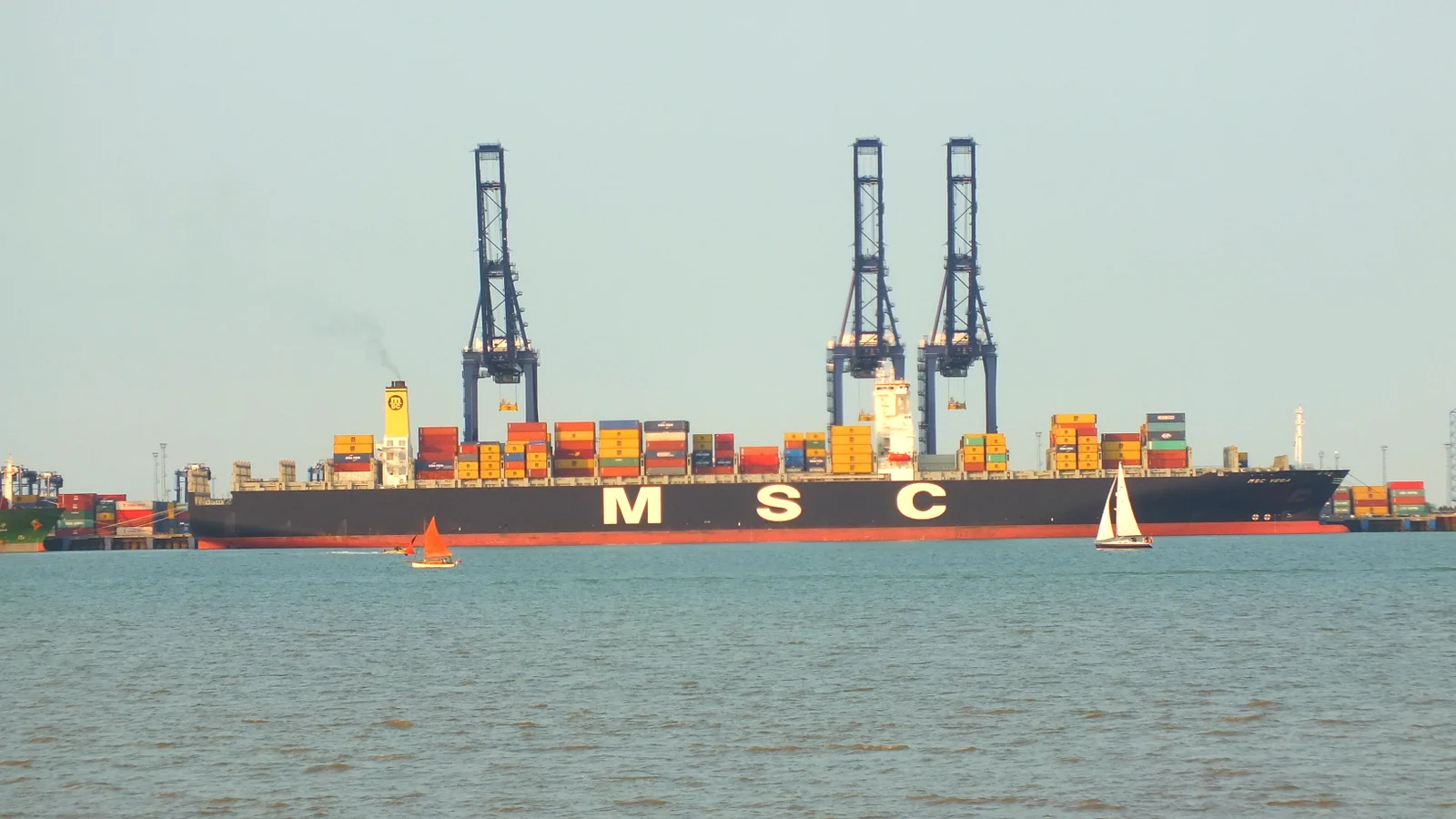 MSC container ship passing quay cranes on a bright day, small sailboats in front