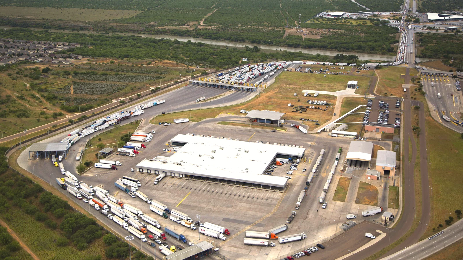 Trucks queued at the World Trade Bridge inspection facility in Laredo, Texas