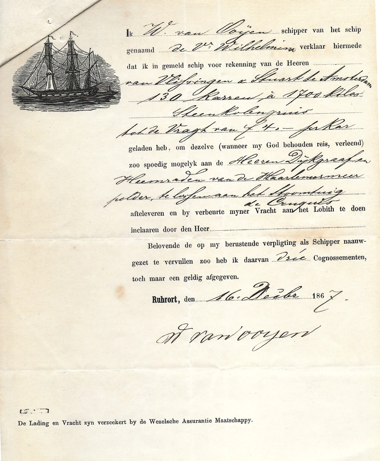 Handwritten 1867 Dutch bill of lading for 130 cartloads of coal, with an engraved sailing ship in the corner