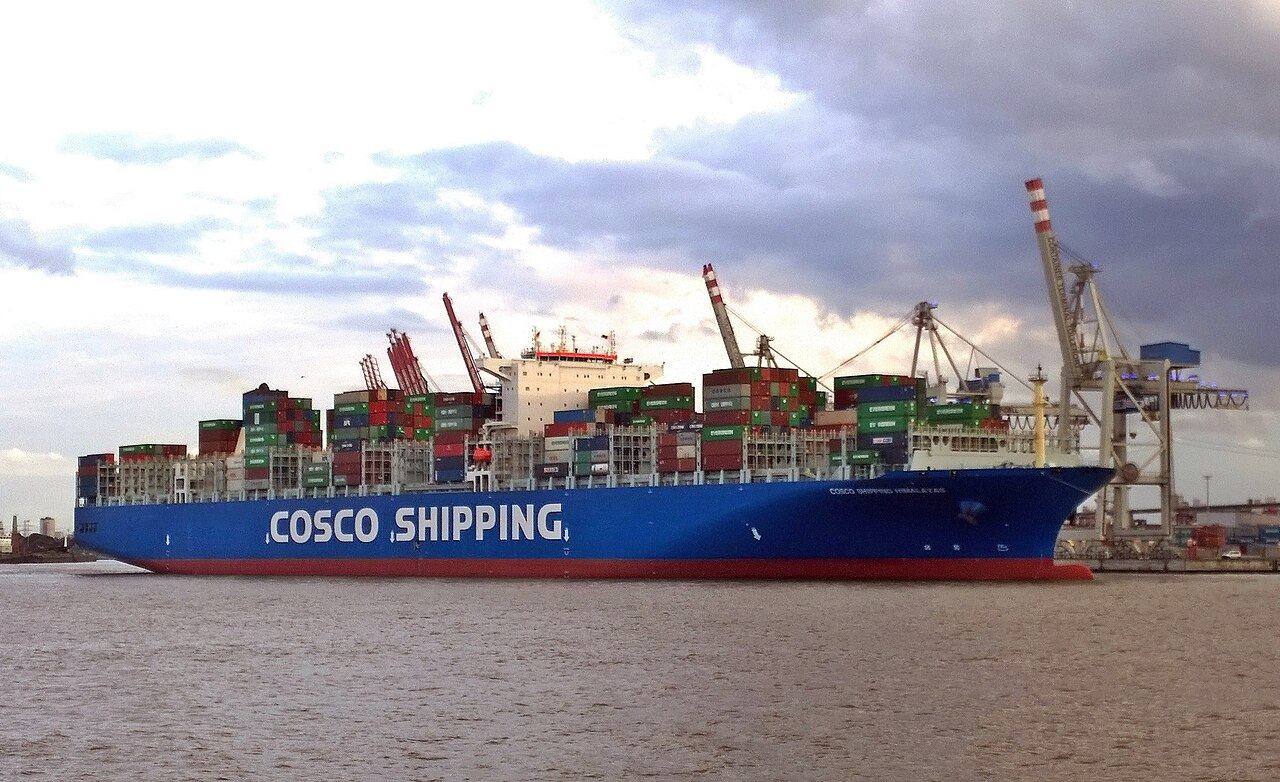 The new Container ship COSCO SHIPPING HIMALAYAS in front of the Container Terminal Hamburg Tollerort in September 2017