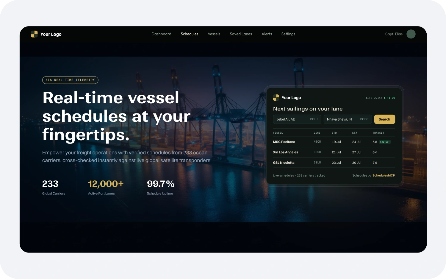 Meridian Cargo homepage hero with schedules widget