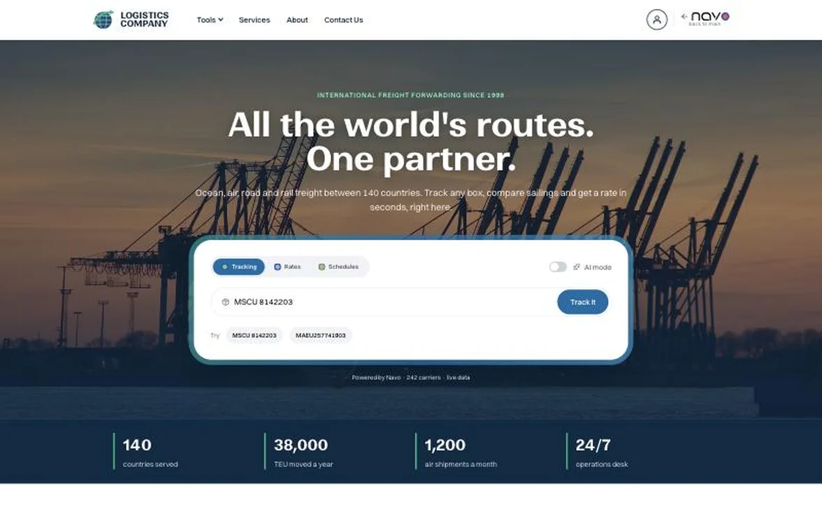 Logistics Company homepage with the Navo tracking widget embedded in its hero