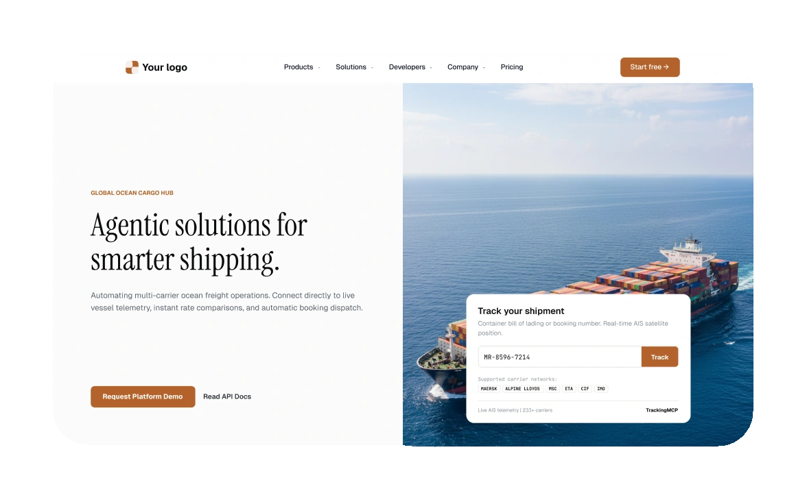 Harbor & Hale homepage hero with aerial port photo and tracking widget